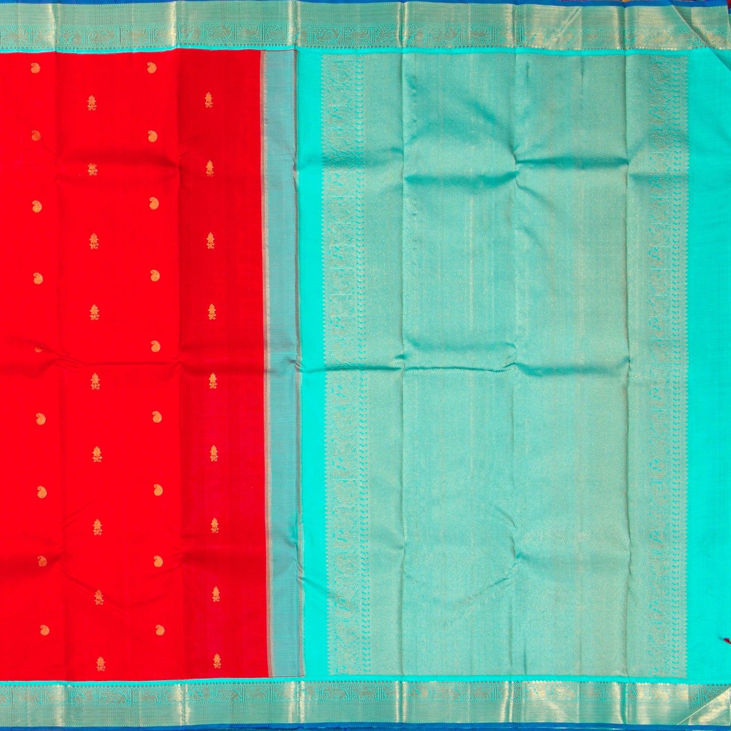Red And Anandha Blue Kanchipuram Silk Saree For Festive Wear PV J 5205 - Silk Sari - Panjavarnam PV J 5205