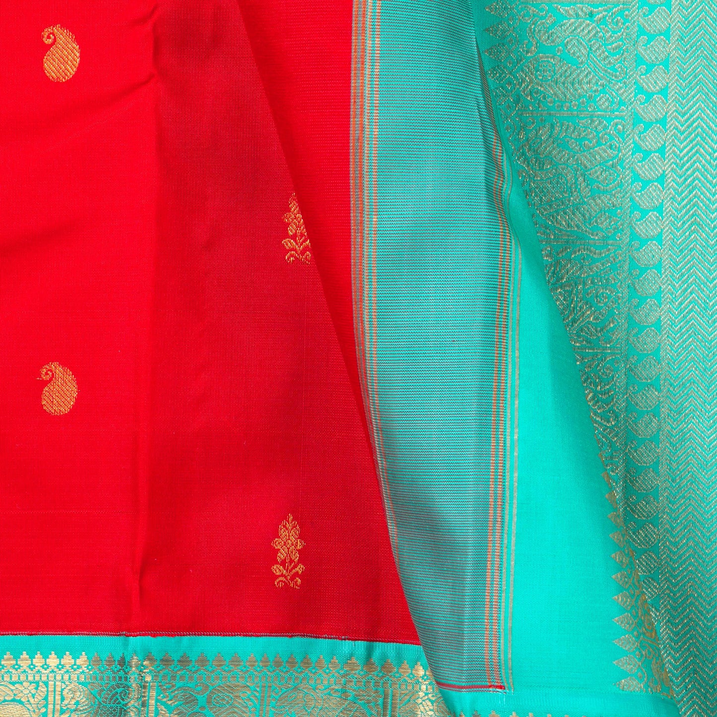 Red And Anandha Blue Kanchipuram Silk Saree For Festive Wear PV J 5205 - Silk Sari - Panjavarnam PV J 5205