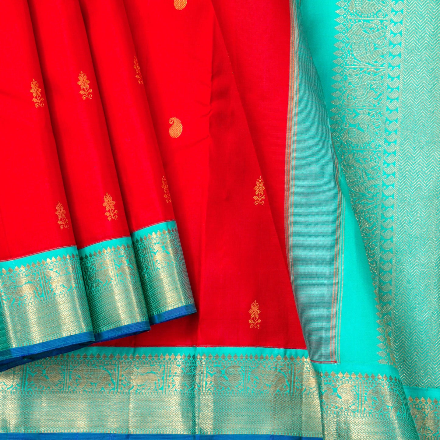 Red And Anandha Blue Kanchipuram Silk Saree For Festive Wear PV J 5205 - Silk Sari - Panjavarnam PV J 5205