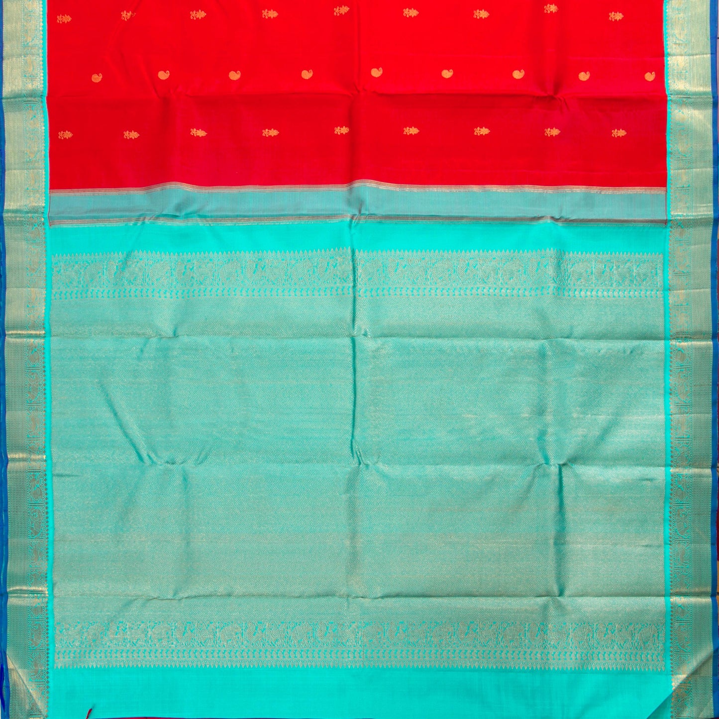Red And Anandha Blue Kanchipuram Silk Saree For Festive Wear PV J 5205 - Silk Sari - Panjavarnam PV J 5205