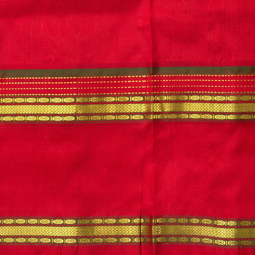 Red And Blue Dual Shade Kanchipuram Silk Saree With Red Rettai Pettu Border Handwoven Pure Silk Pure Zari For Festive Wear PV ABI 1215 - Silk Sari - Panjavarnam PV ABI 1215