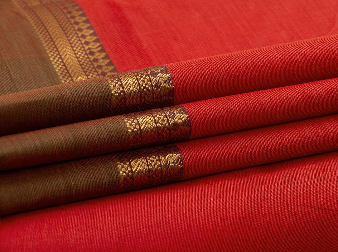 Red And Green Chettinad Cotton Saree For Casual Wear PV SK CC 130 - Cotton Saree - Panjavarnam PV SK CC 130