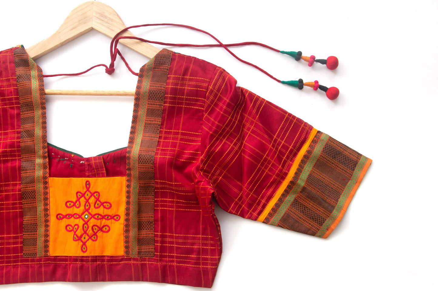 Red With Yellow Checks Silk Cotton Blouse PV BL 101 - Blouse - Panjavarnam PV BL 101
