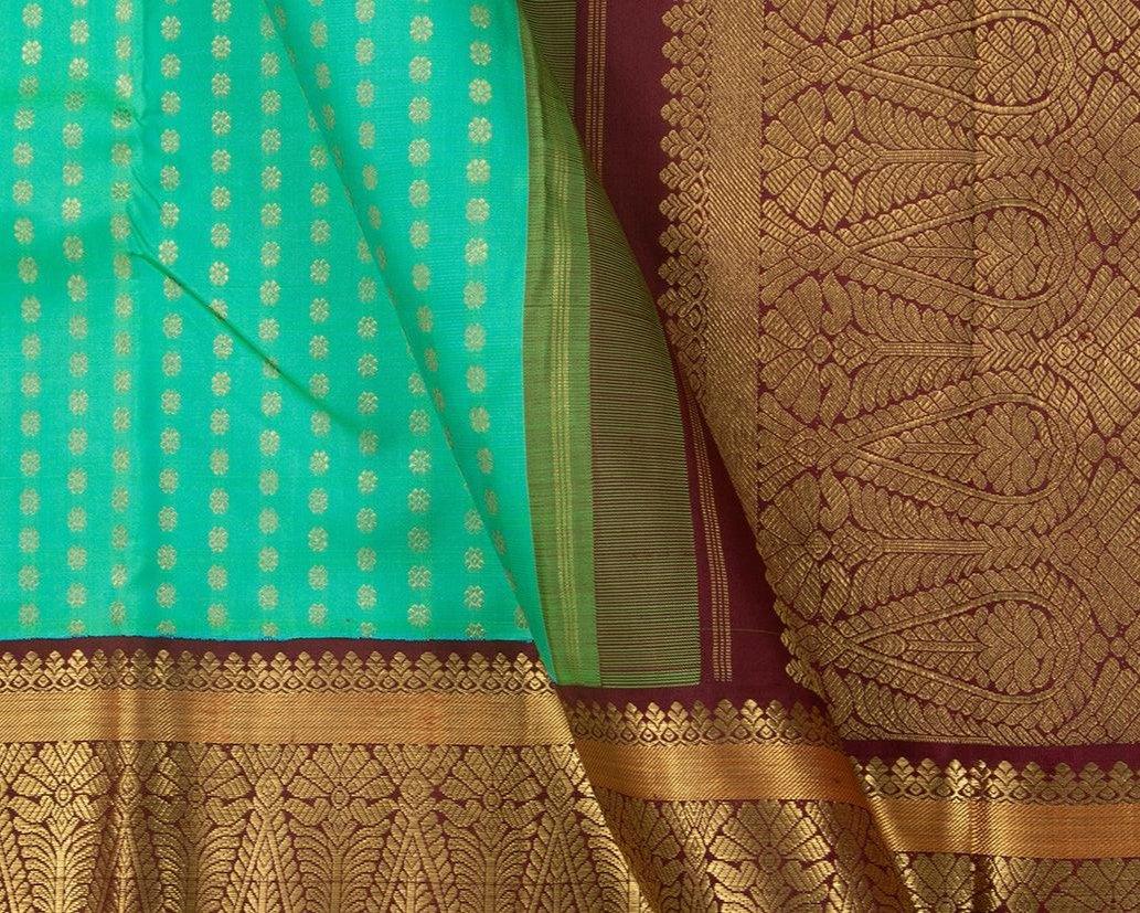 Sea Green And Brown Kanchipuram Silk Saree Handwoven Pure Silk Pure Zari For Wedding Wear PV NYC 740 - Silk Sari - Panjavarnam PV NYC 740