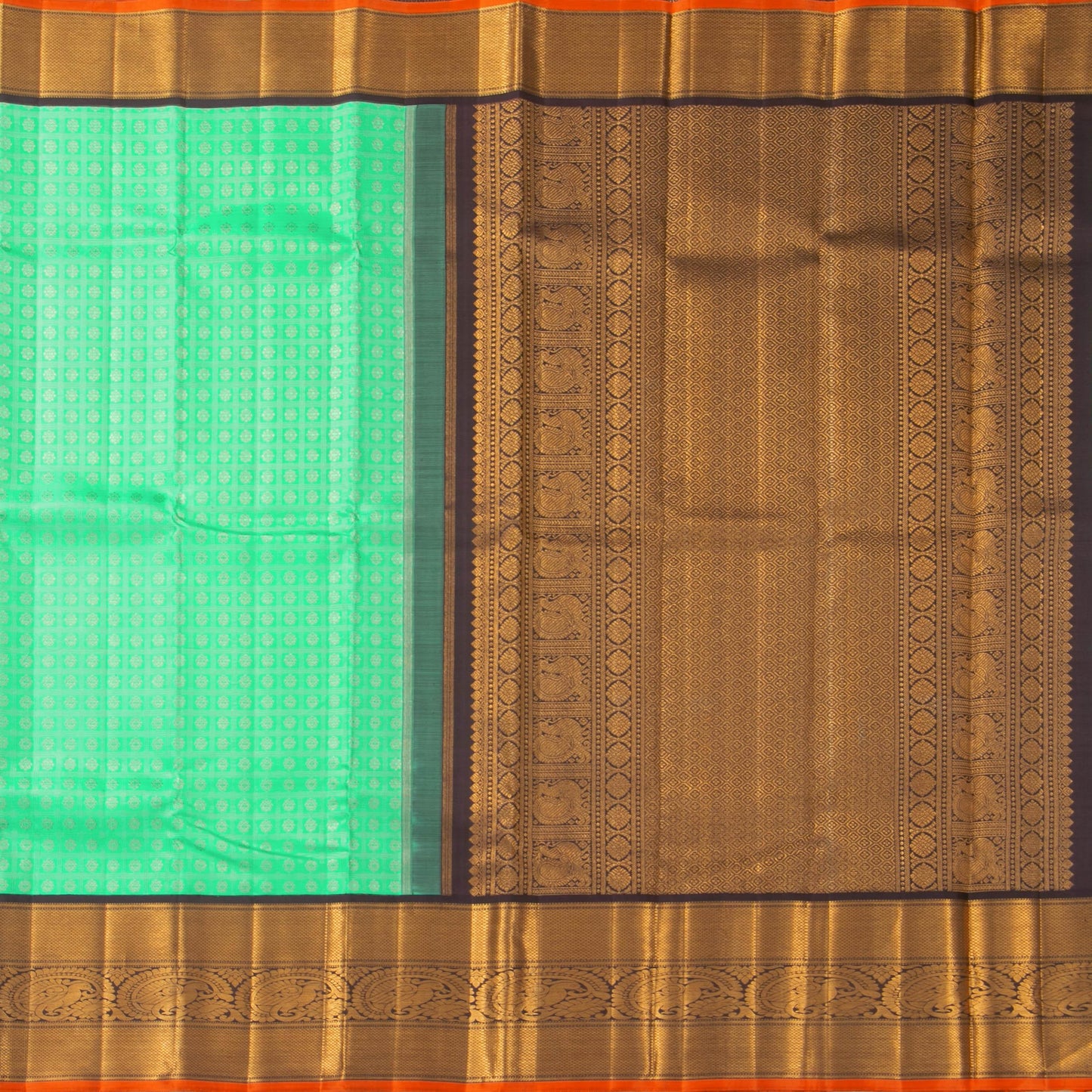 Sea Green And Brown Kanchipuram Silk Saree With Medium Border Handwoven Pure Silk For Wedding Wear PV NYC 1118 - Silk Sari - Panjavarnam PV NYC 1118