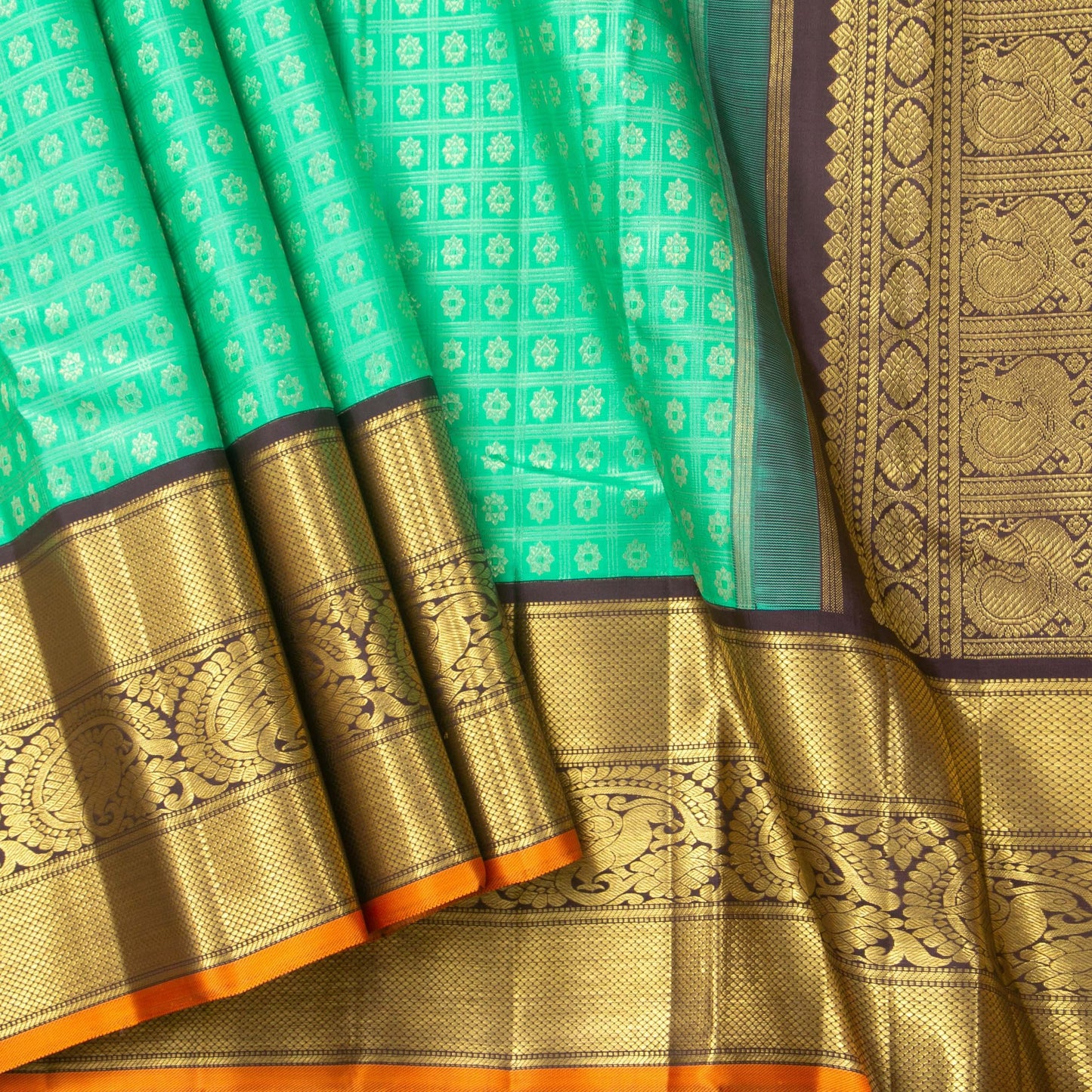 Sea Green And Brown Kanchipuram Silk Saree With Medium Border Handwoven Pure Silk For Wedding Wear PV NYC 1118 - Silk Sari - Panjavarnam PV NYC 1118