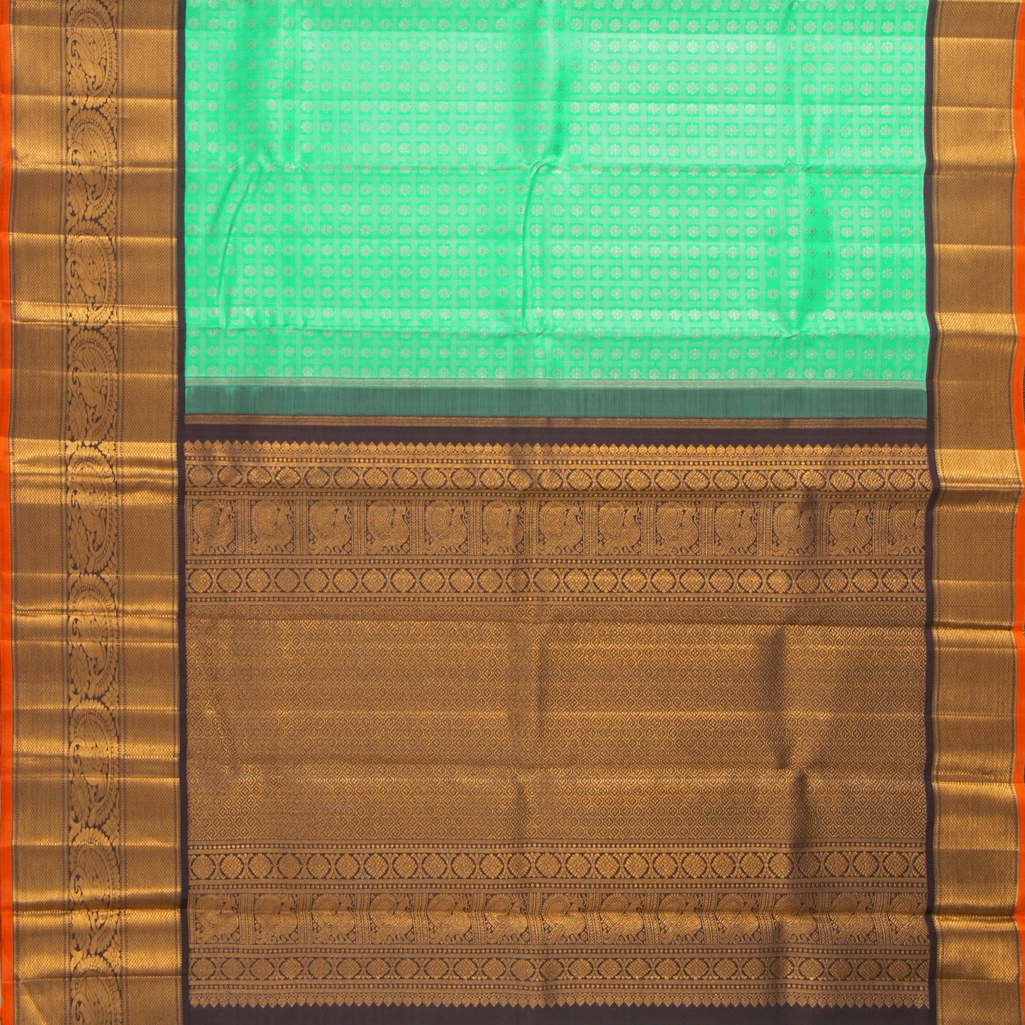 Sea Green And Brown Kanchipuram Silk Saree With Medium Border Handwoven Pure Silk For Wedding Wear PV NYC 1118 - Silk Sari - Panjavarnam PV NYC 1118
