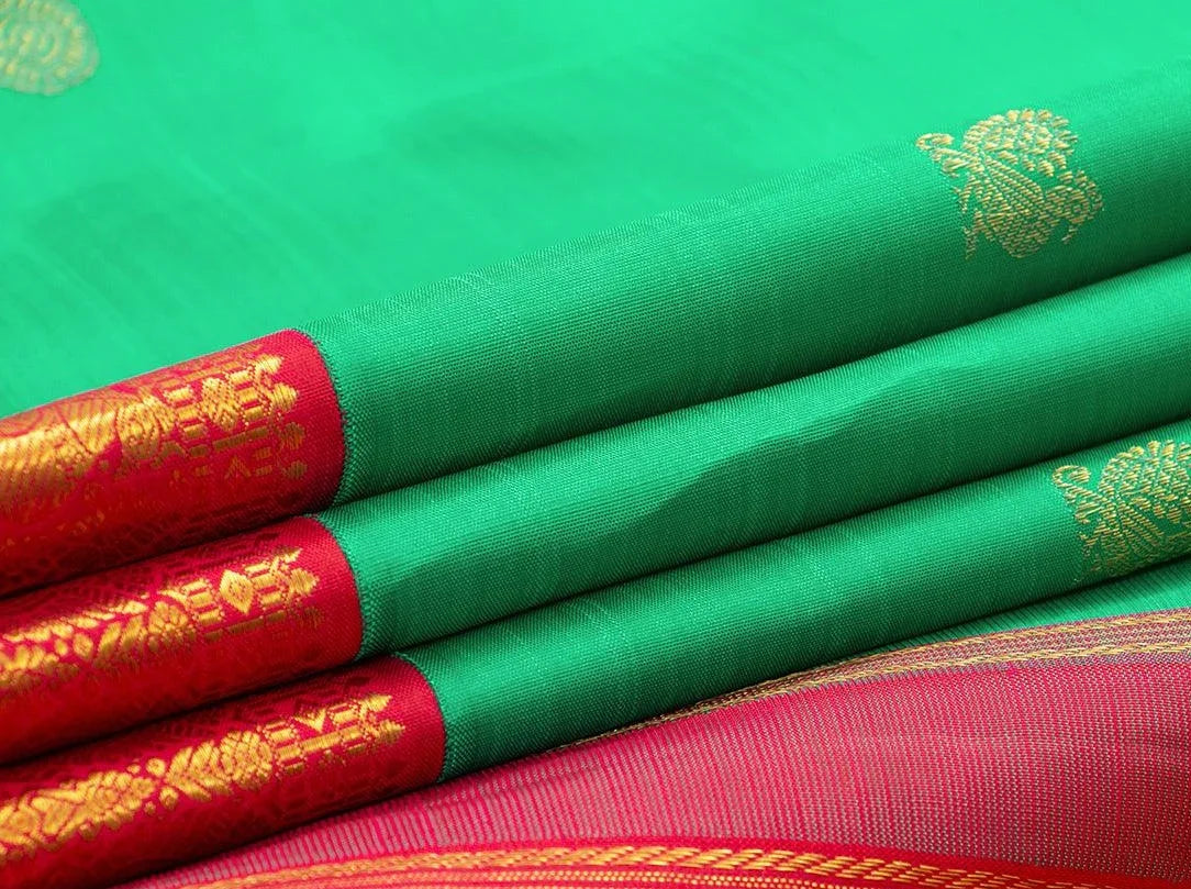 Sea Green And Red Kanchipuram Silk Saree With Medium Border Handwoven Pure Silk For Wedding Wear PV NYC 1001 - Silk Sari - Panjavarnam PV NYC 1001