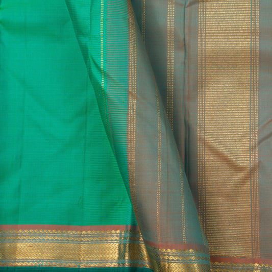 Sea Green Kanchipuram Silk Saree With Small Border Handwoven Pure Silk For Festive Wear PV J 2465 - Silk Sari - Panjavarnam PV J 2465