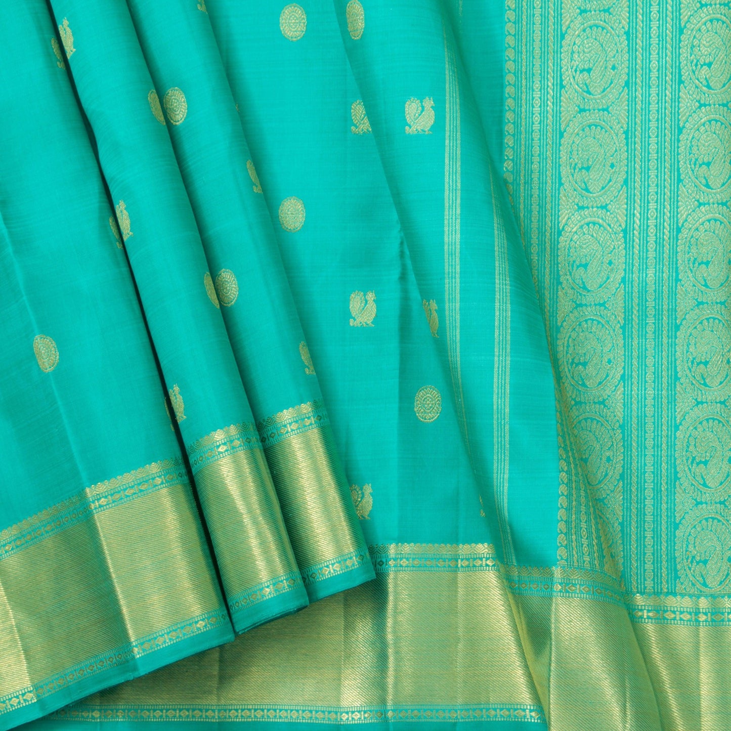Turquoise Blue Kanjivaram Silk Saree With Short Border For Bridal Wear PV NYC 1253 - Silk Sari - Panjavarnam PV NYC 1253