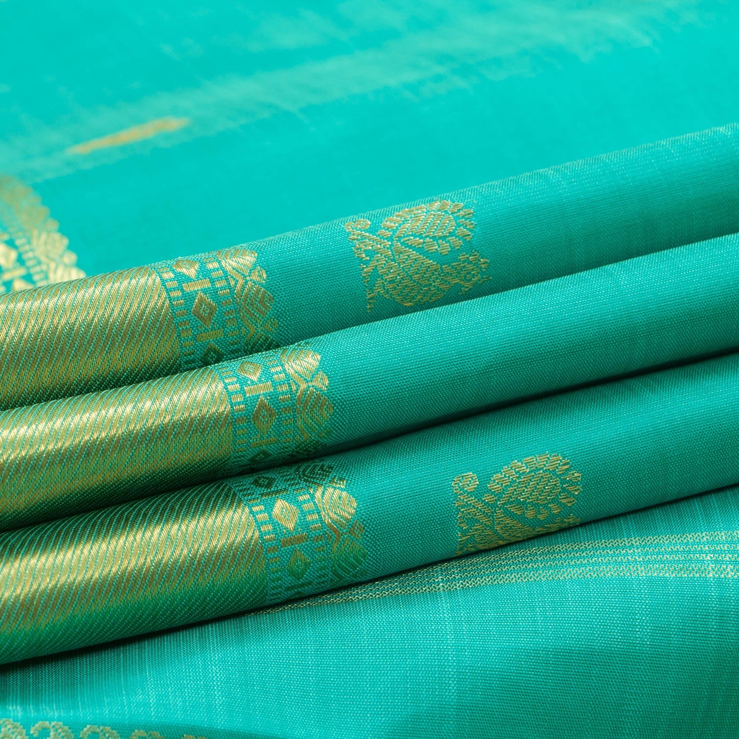 Turquoise Blue Kanjivaram Silk Saree With Short Border For Bridal Wear PV NYC 1253 - Silk Sari - Panjavarnam PV NYC 1253
