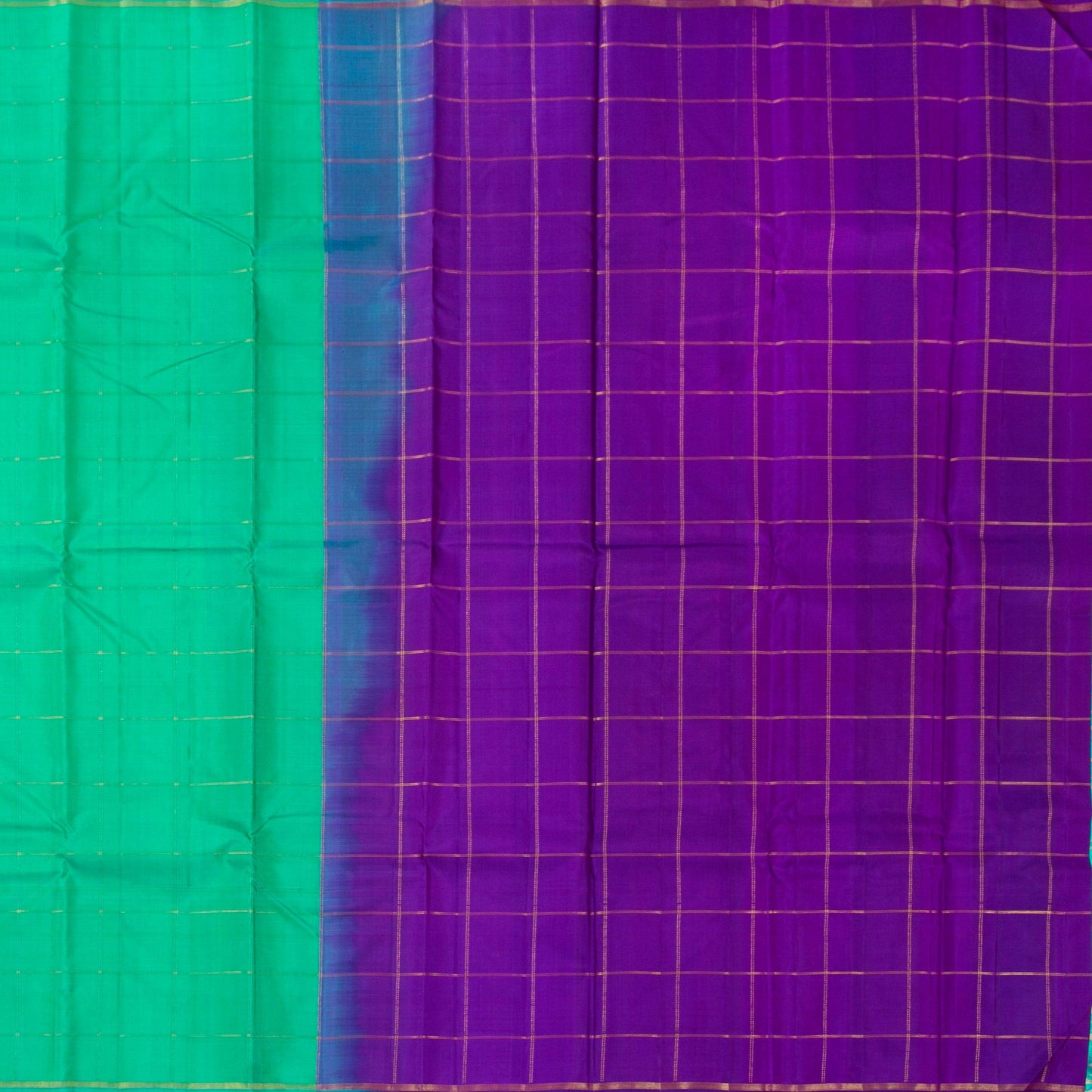 Turquoise Green And Violet Light Weight Borderless Kanchipuram Silk Saree For Festive Wear PV 2041 - Silk Sari - Panjavarnam PV 2041