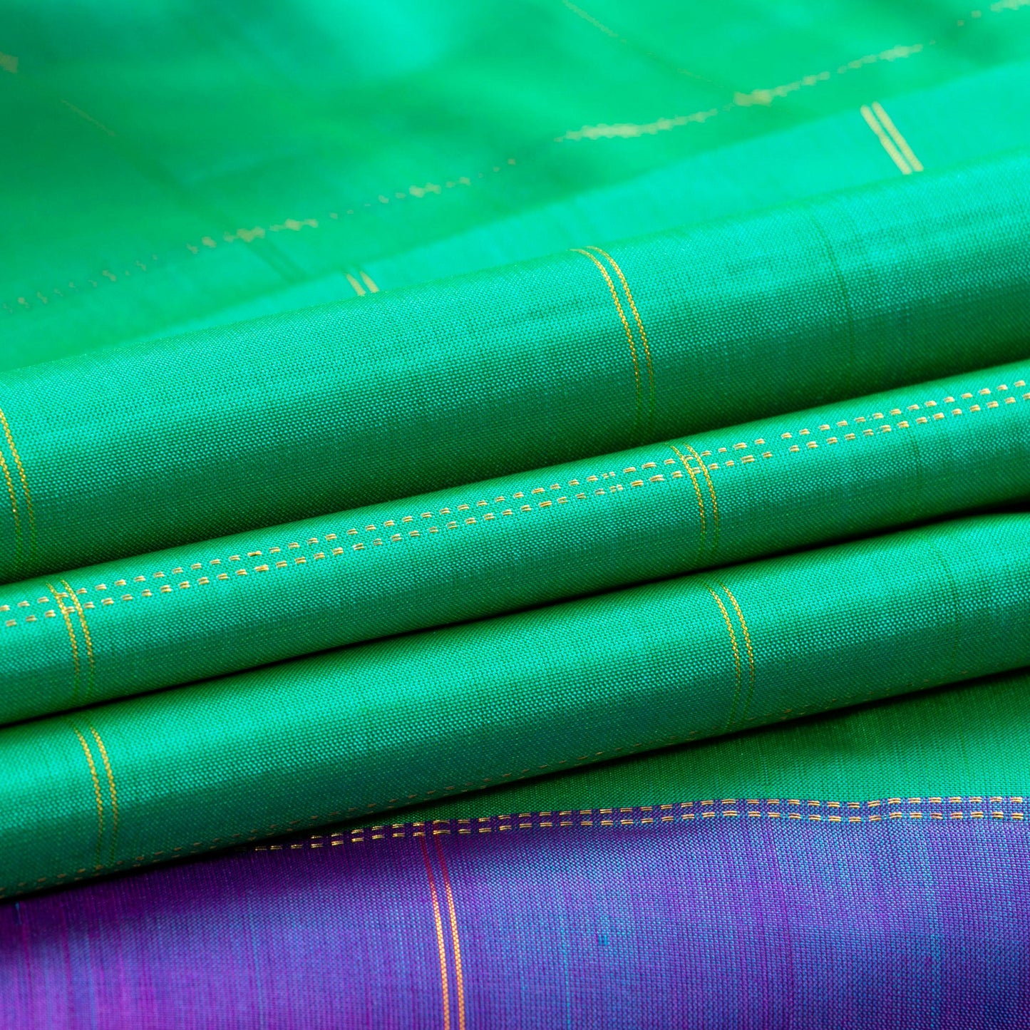 Turquoise Green And Violet Light Weight Borderless Kanchipuram Silk Saree For Festive Wear PV 2041 - Silk Sari - Panjavarnam PV 2041