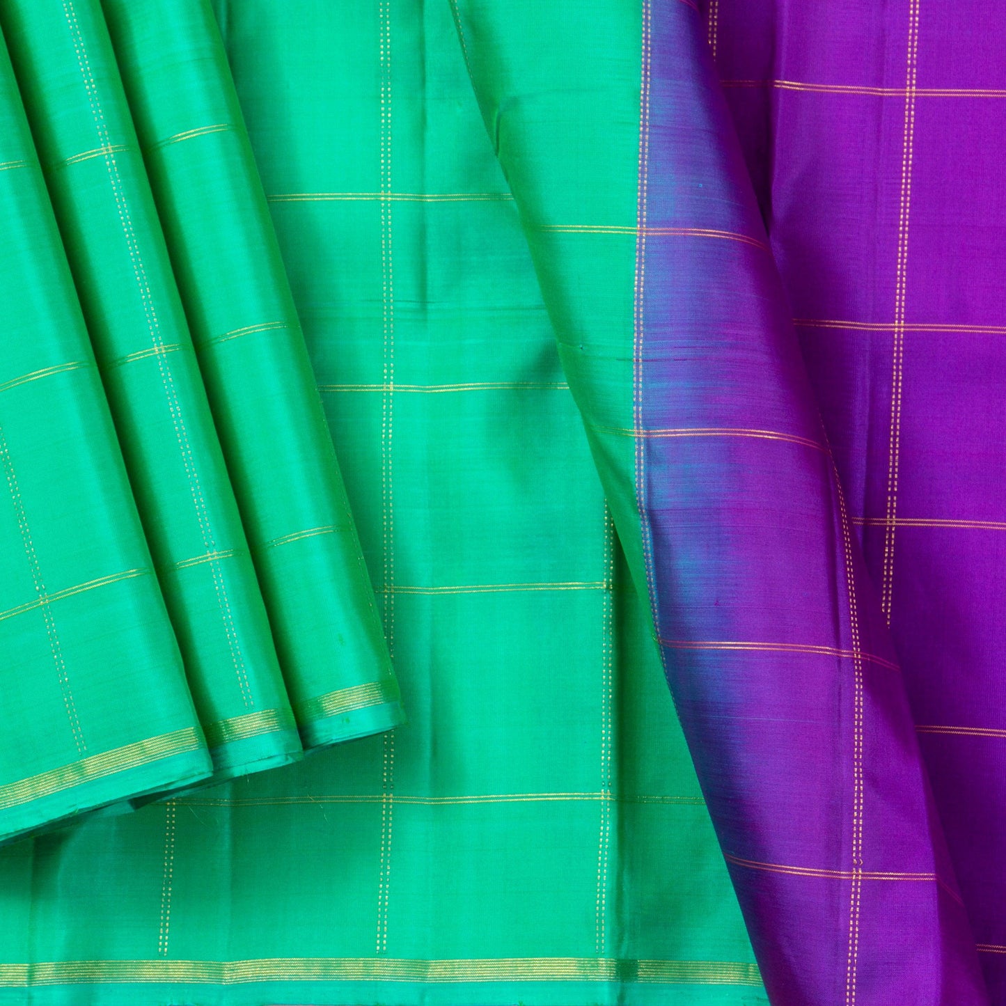 Turquoise Green And Violet Light Weight Borderless Kanchipuram Silk Saree For Festive Wear PV 2041 - Silk Sari - Panjavarnam PV 2041