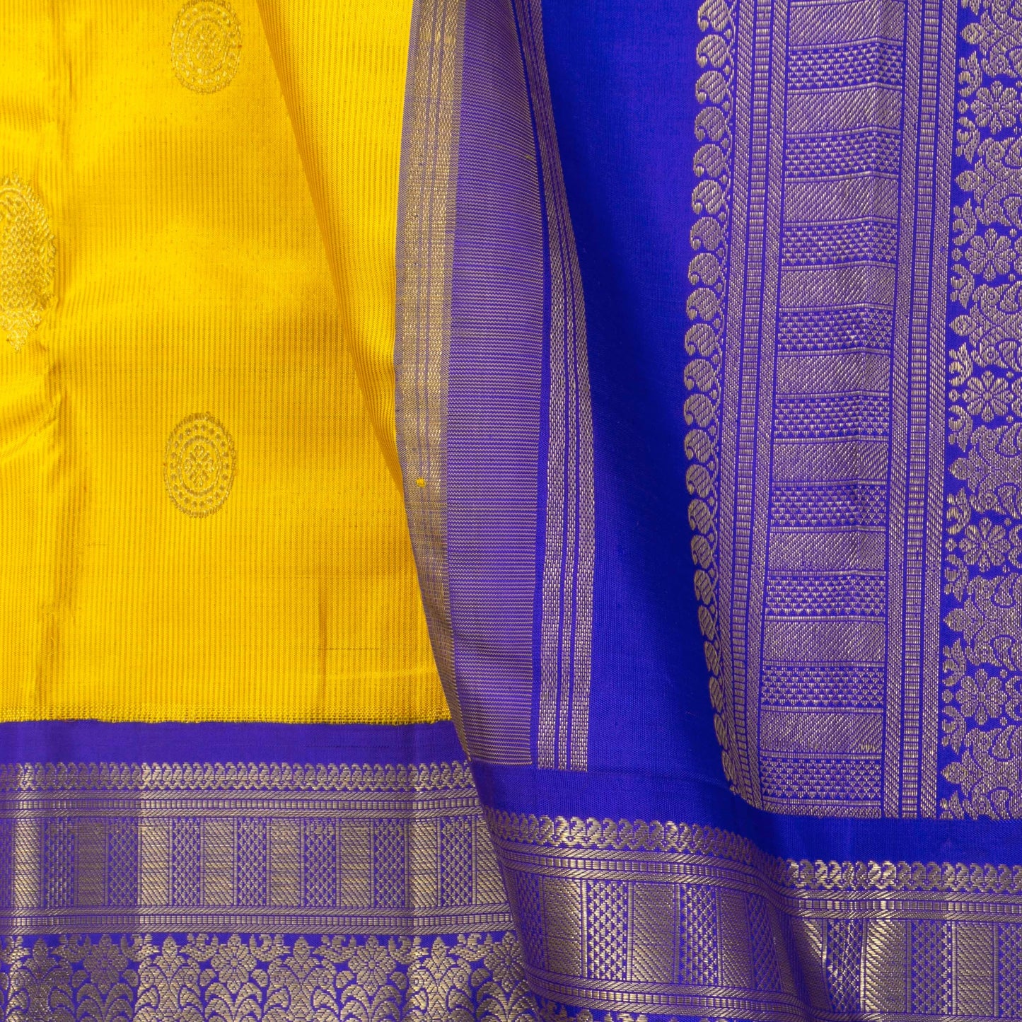 Yellow And Blue Kanchipuram Silk Saree Vairaoosi For Wedding Wear PV NYC 1361 - Silk Sari - Panjavarnam PV NYC 1361