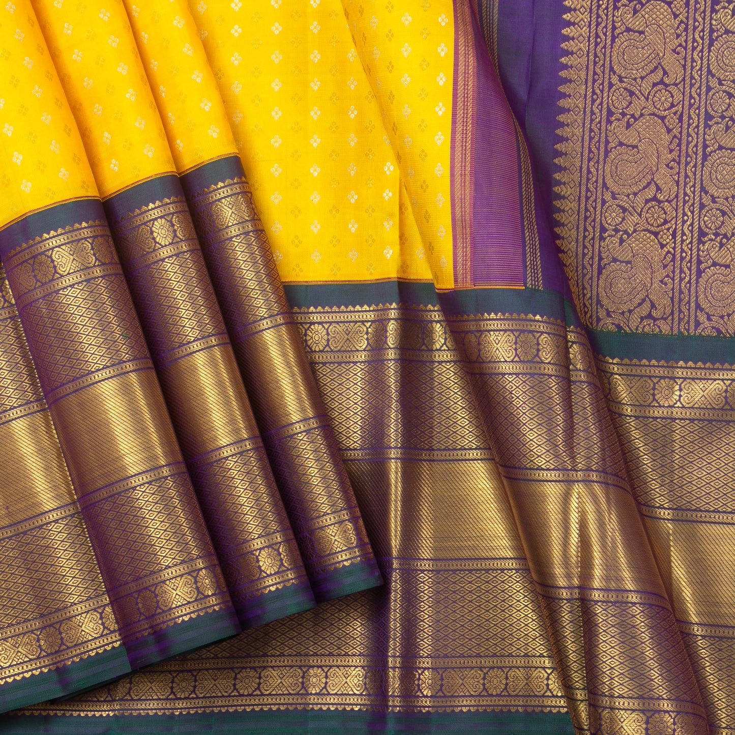 Yellow And Green Kanchipuram Silk Saree For Wedding Wear PV NYC 1396 - Silk Sari - Panjavarnam PV NYC 1396
