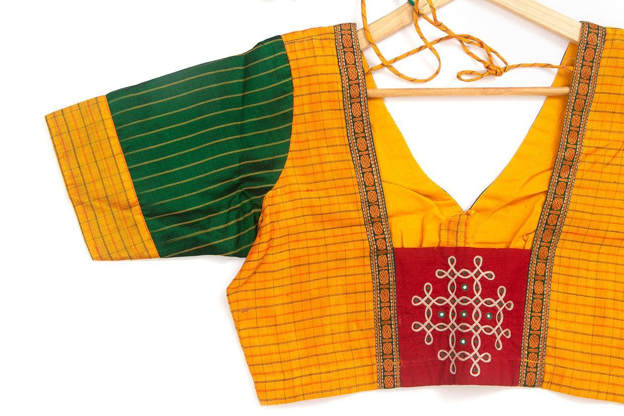 Yellow And Green Silkcotton Readymade Blouse PV BL 143 - Blouse - Panjavarnam PV BL 143