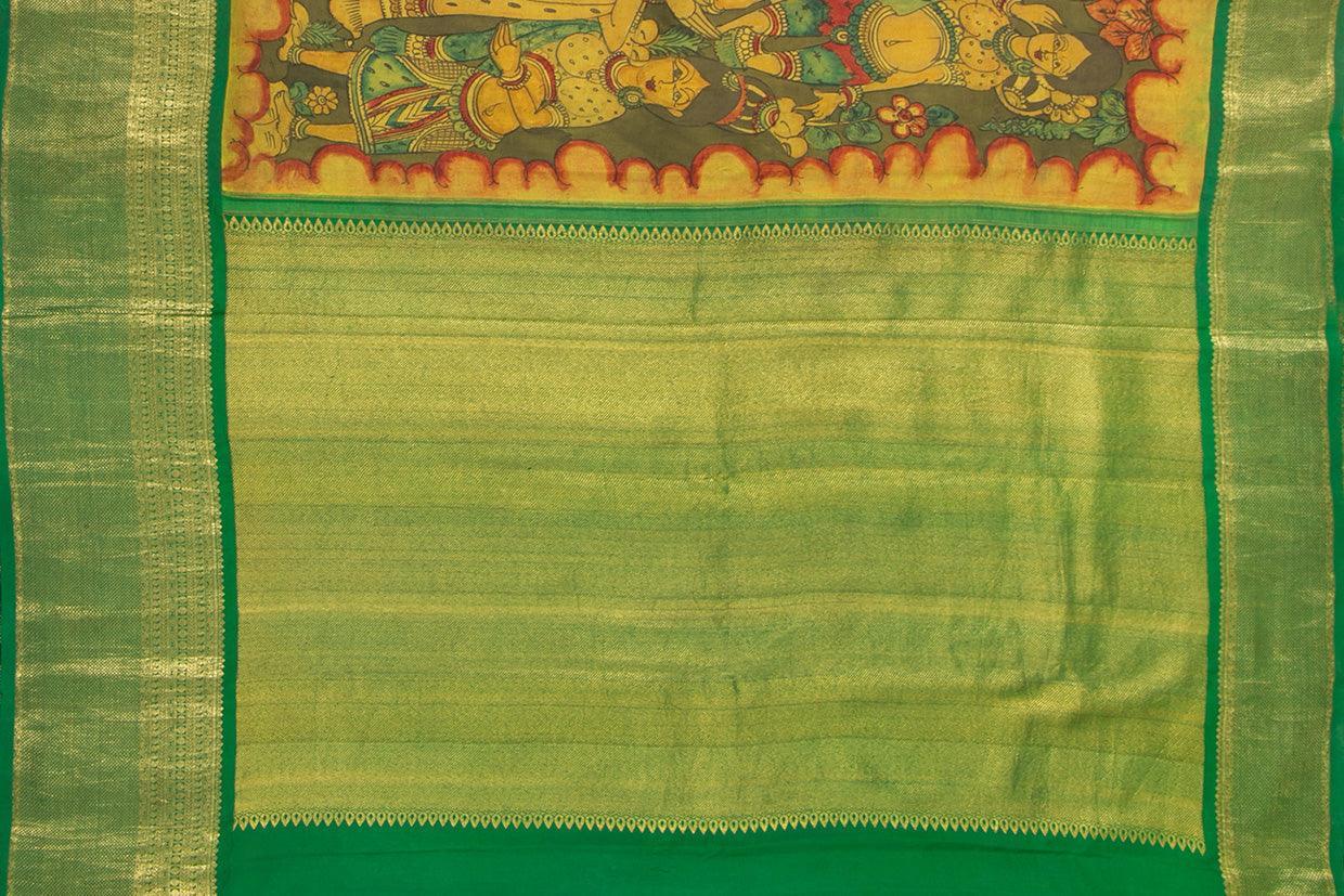 Yellow And Green Village Theme Handpainted Kalamkari Kanchipuram Silk Saree Pure Zari Morning Evening Border PKK 16 - Kalamkari Silk - Panjavarnam PKK 16
