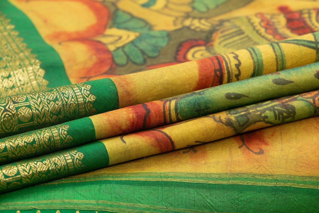Yellow And Green Village Theme Handpainted Kalamkari Kanchipuram Silk Saree Pure Zari Morning Evening Border PKK 16 - Kalamkari Silk - Panjavarnam PKK 16