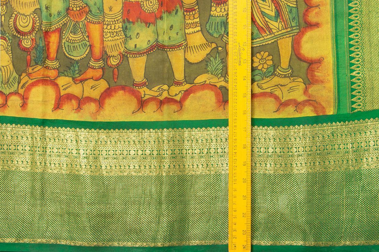 Yellow And Green Village Theme Handpainted Kalamkari Kanchipuram Silk Saree Pure Zari Morning Evening Border PKK 16 - Kalamkari Silk - Panjavarnam PKK 16