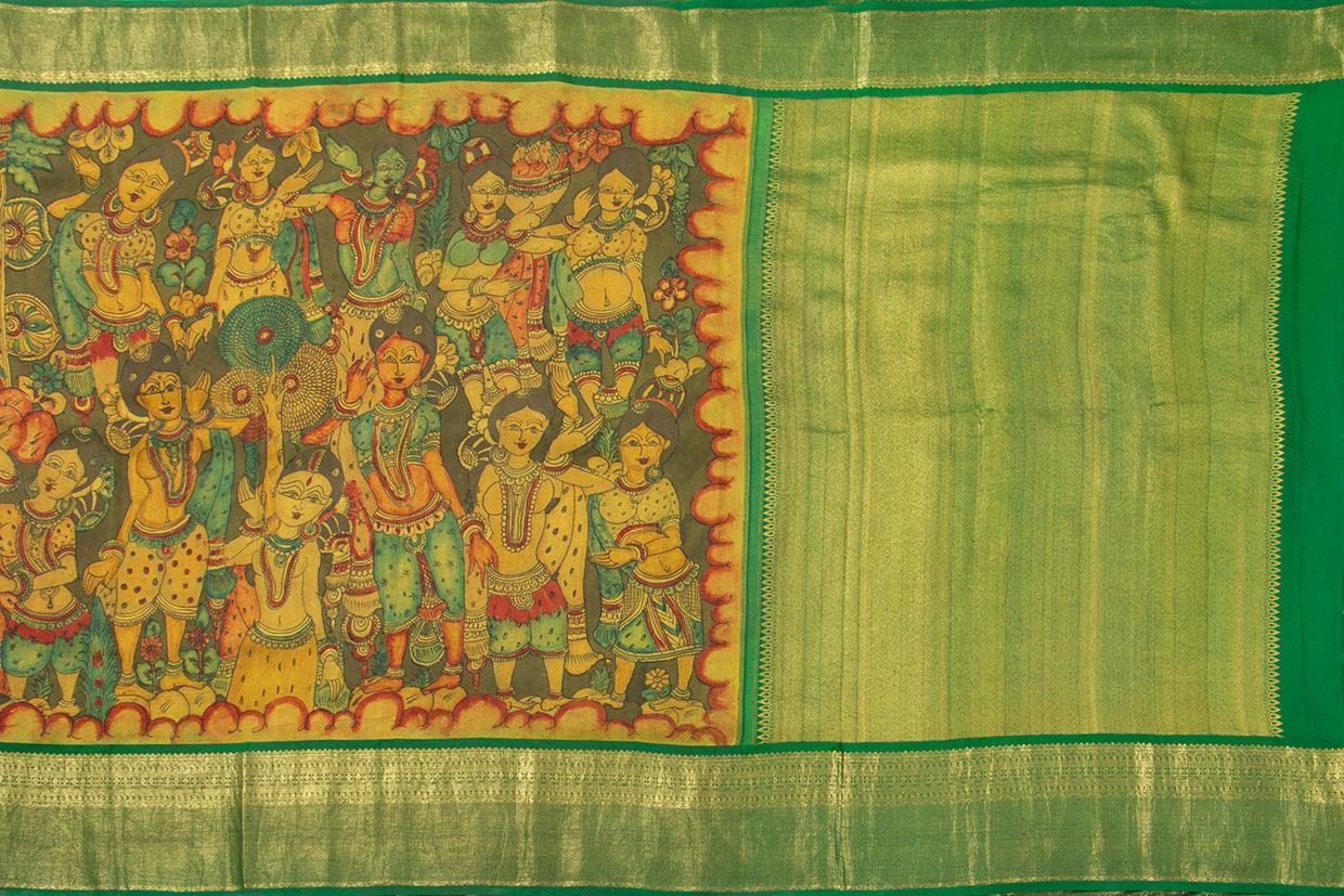 Yellow And Green Village Theme Handpainted Kalamkari Kanchipuram Silk Saree Pure Zari Morning Evening Border PKK 16 - Kalamkari Silk - Panjavarnam PKK 16