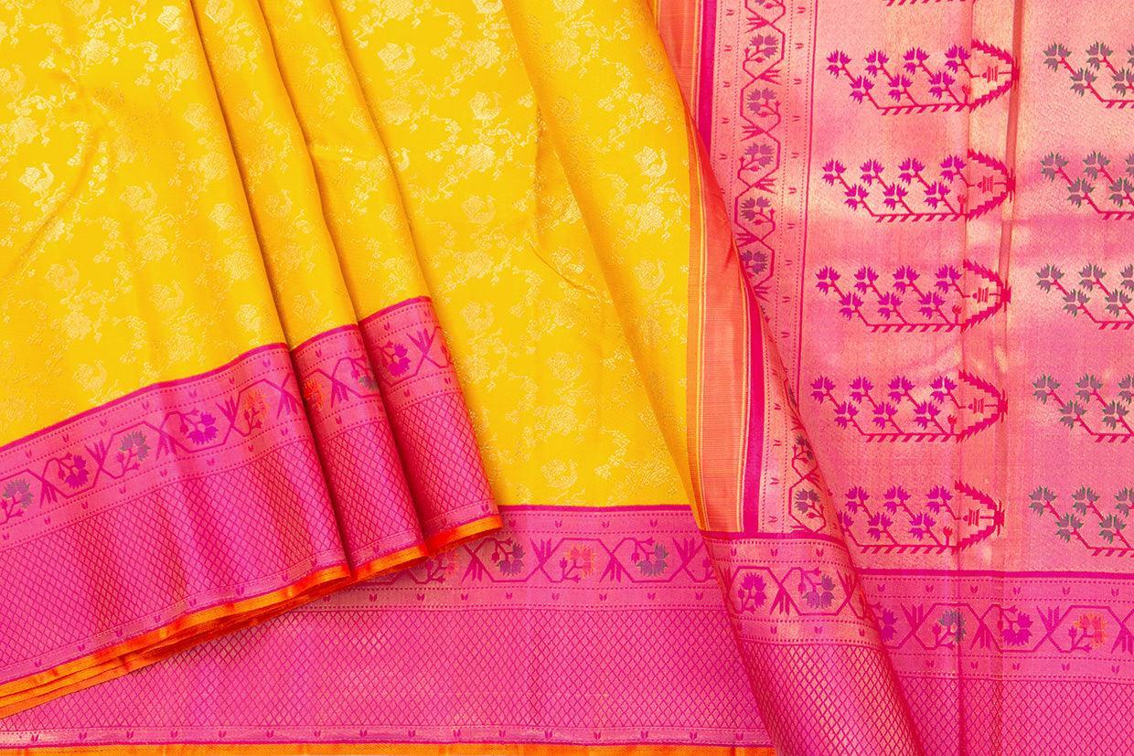 Yellow And Pink Kanchipuram Silk Saree With Paithani Style Korvai Contrast Border Handwoven Pure Silk For Wedding Wear PV NYC 1064 - Silk Sari - Panjavarnam PV NYC 1064