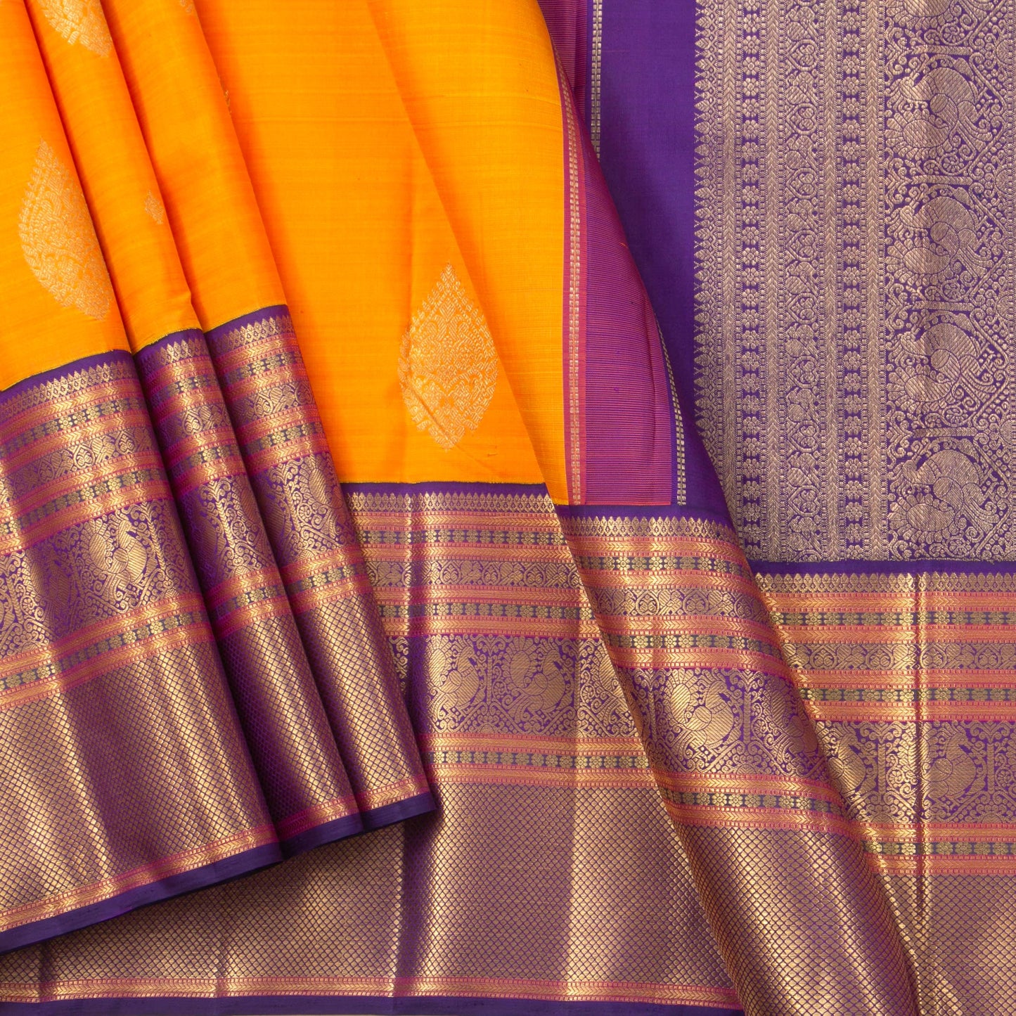 Yellow And Purple Kanchipuram Silk Saree For Wedding Wear PV NYC 1319 - Silk Sari - Panjavarnam PV NYC 1319