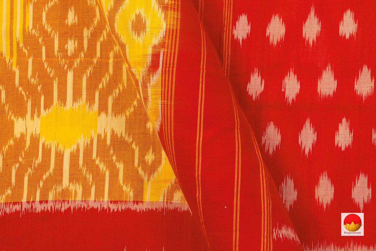 Yellow And Red Pochampally Ikkat Cotton Saree Handwoven Geometric Patterns SC 140 - Cotton Saree - Panjavarnam