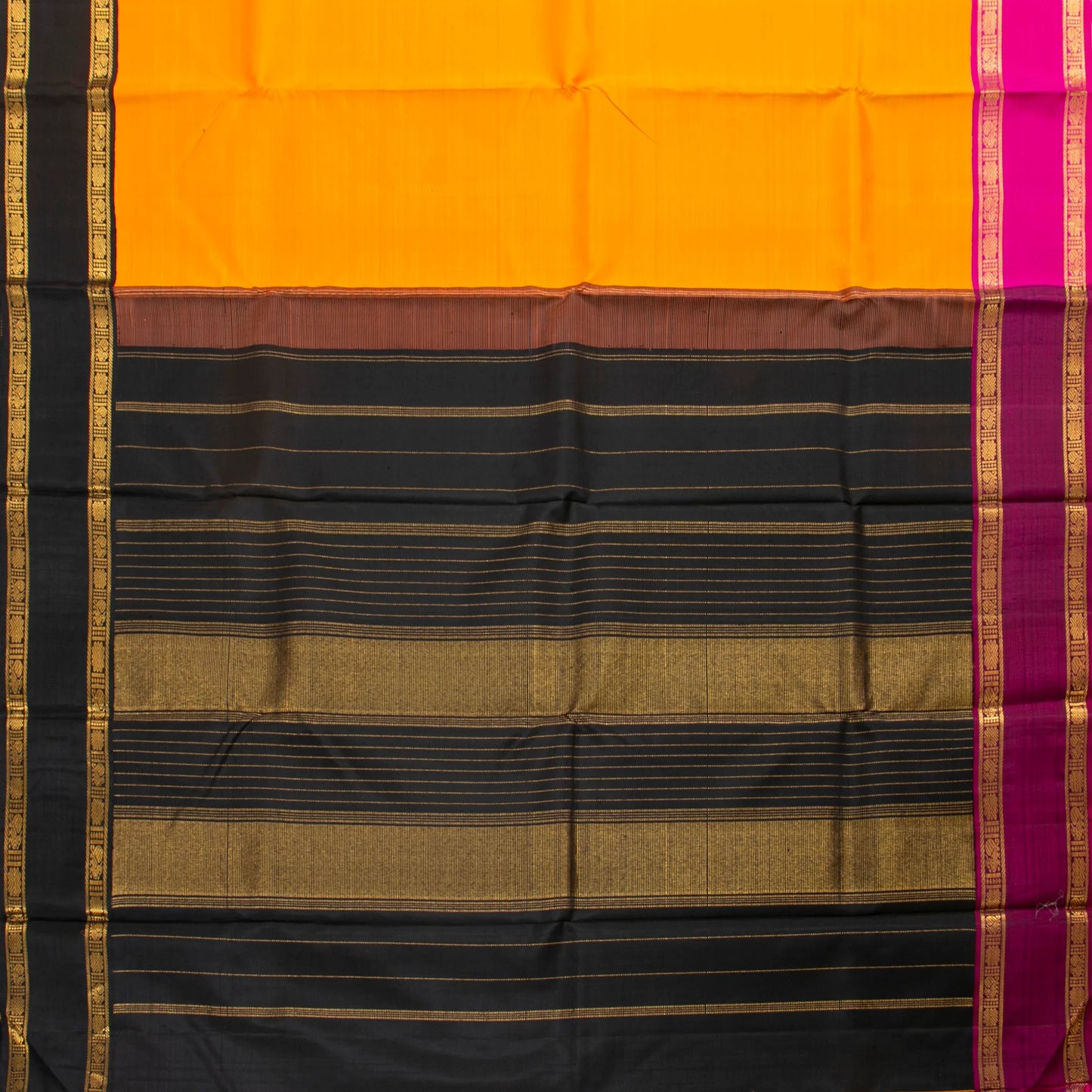 Yellow, black and pink Kanchipuram Silk Saree Ganga Jamuna Border For Festive Wear PV NYC 1525 - Silk Sari - Panjavarnam PV NYC 1525