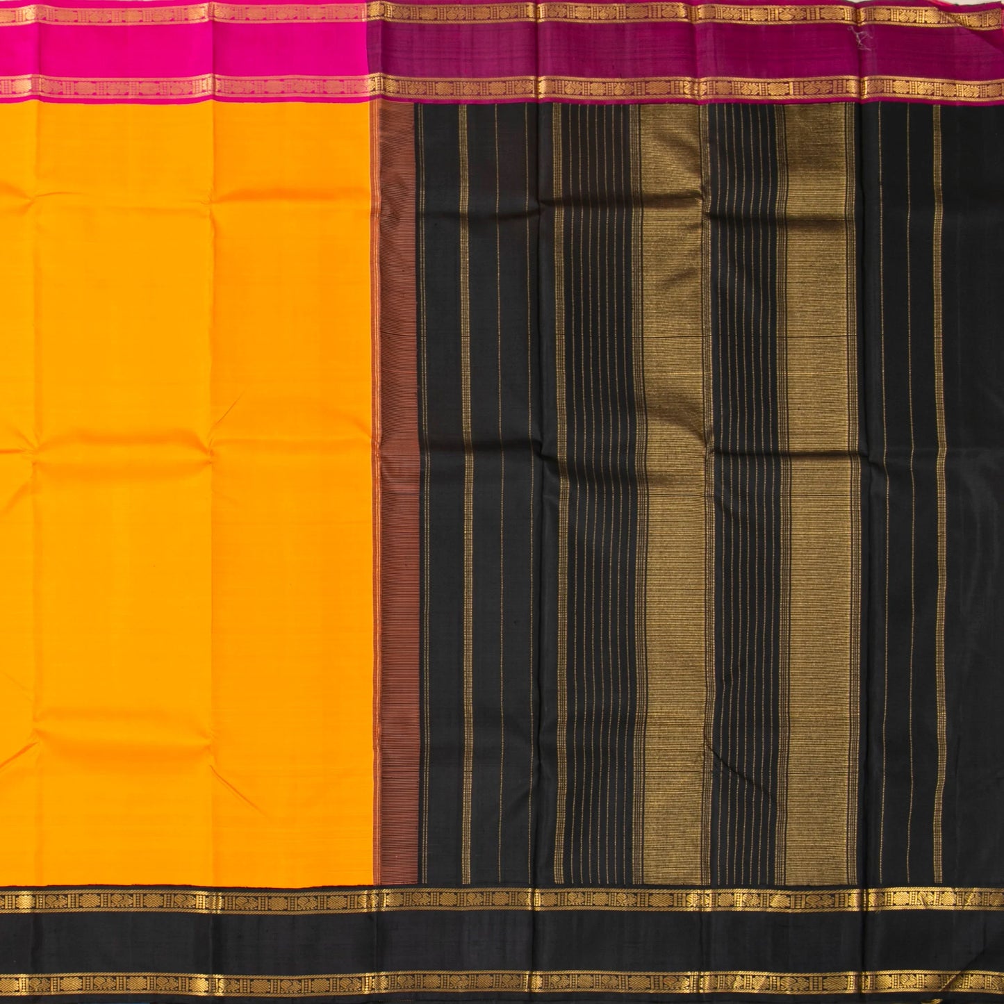 Yellow, black and pink Kanchipuram Silk Saree Ganga Jamuna Border For Festive Wear PV NYC 1525 - Silk Sari - Panjavarnam PV NYC 1525