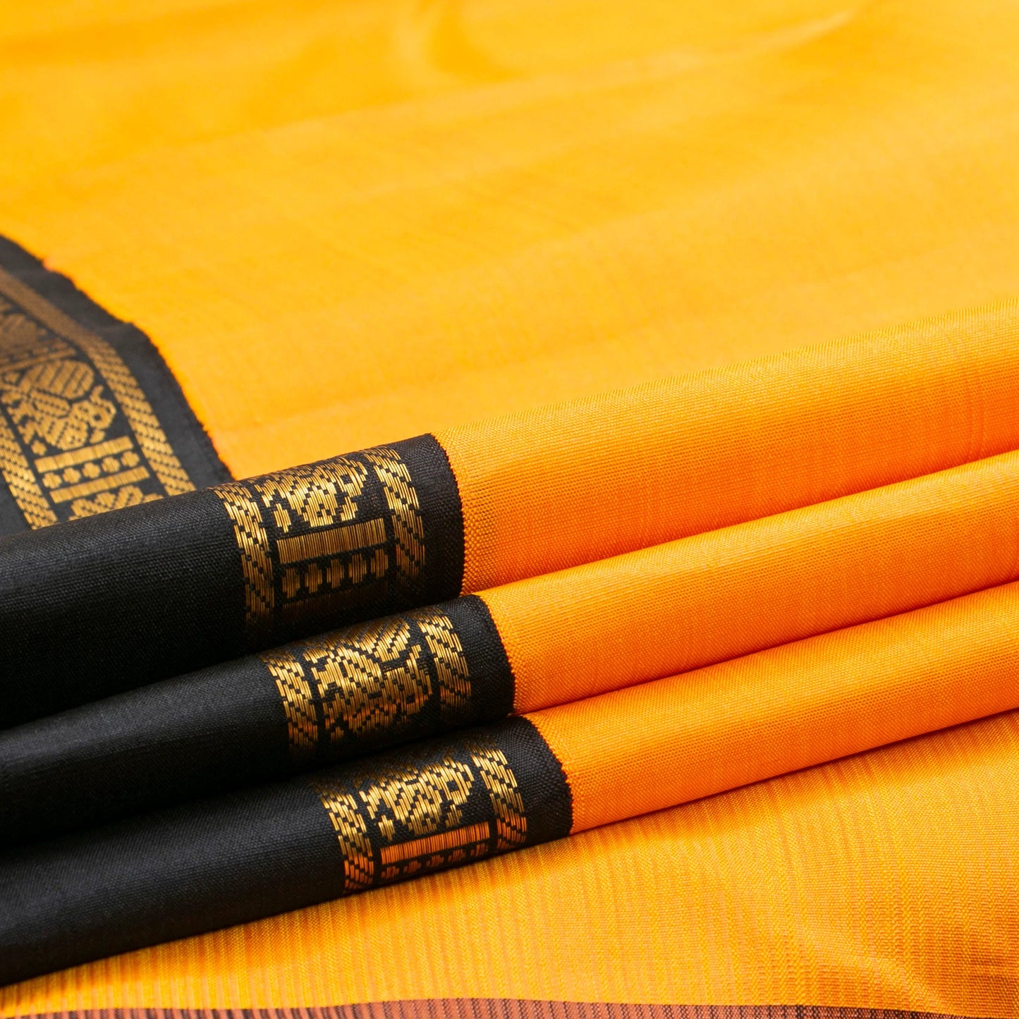Yellow, black and pink Kanchipuram Silk Saree Ganga Jamuna Border For Festive Wear PV NYC 1525 - Silk Sari - Panjavarnam PV NYC 1525