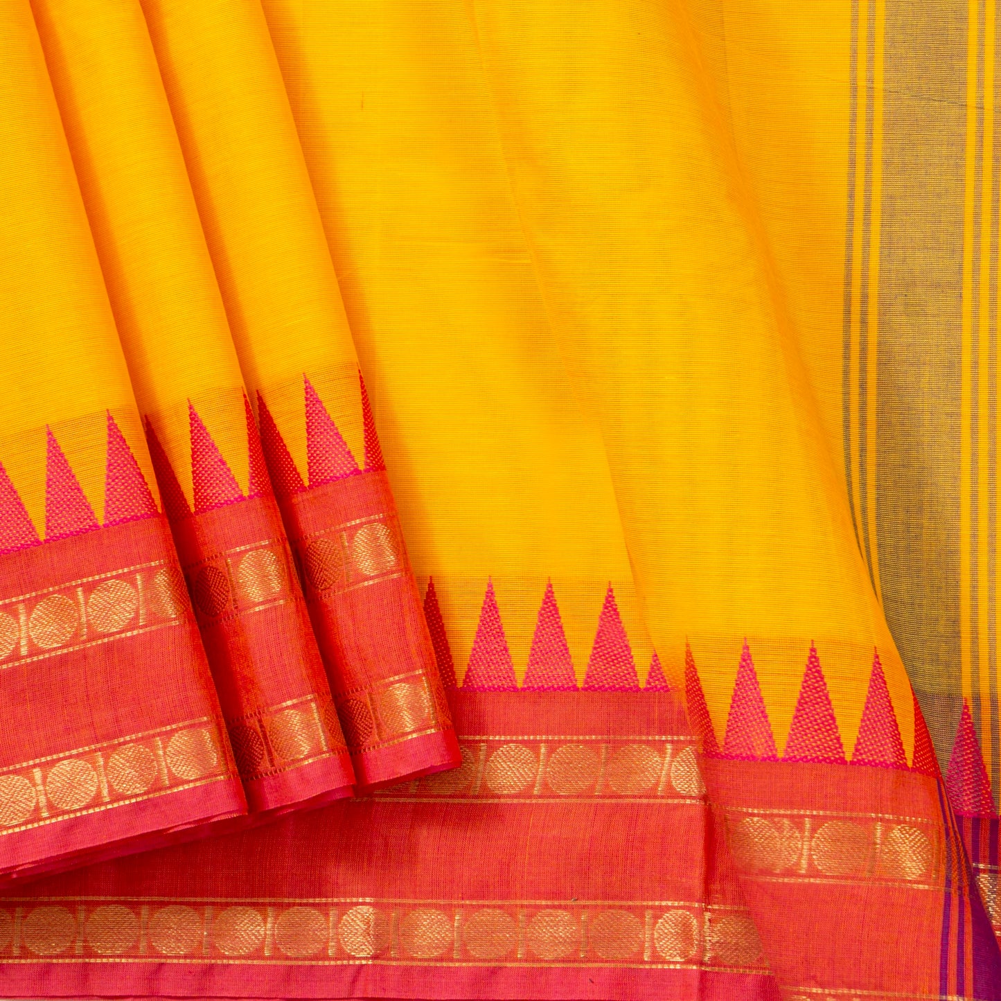 Yellow Kanchi Cotton Saree Ganga Jamuna Border PV MM KC 110 - Cotton Saree - Panjavarnam PV MM KC 110