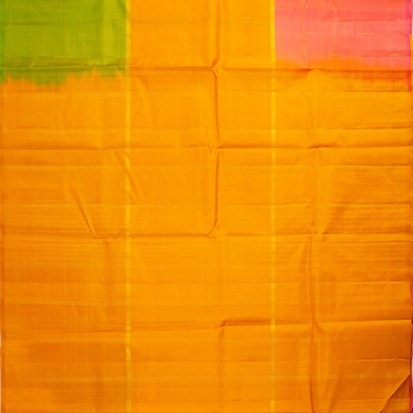 Yellow, Peach And Green Mubbagam Kanchipuram Silk Saree For Festive Wear PV 2044 - Silk Sari - Panjavarnam PV 2044
