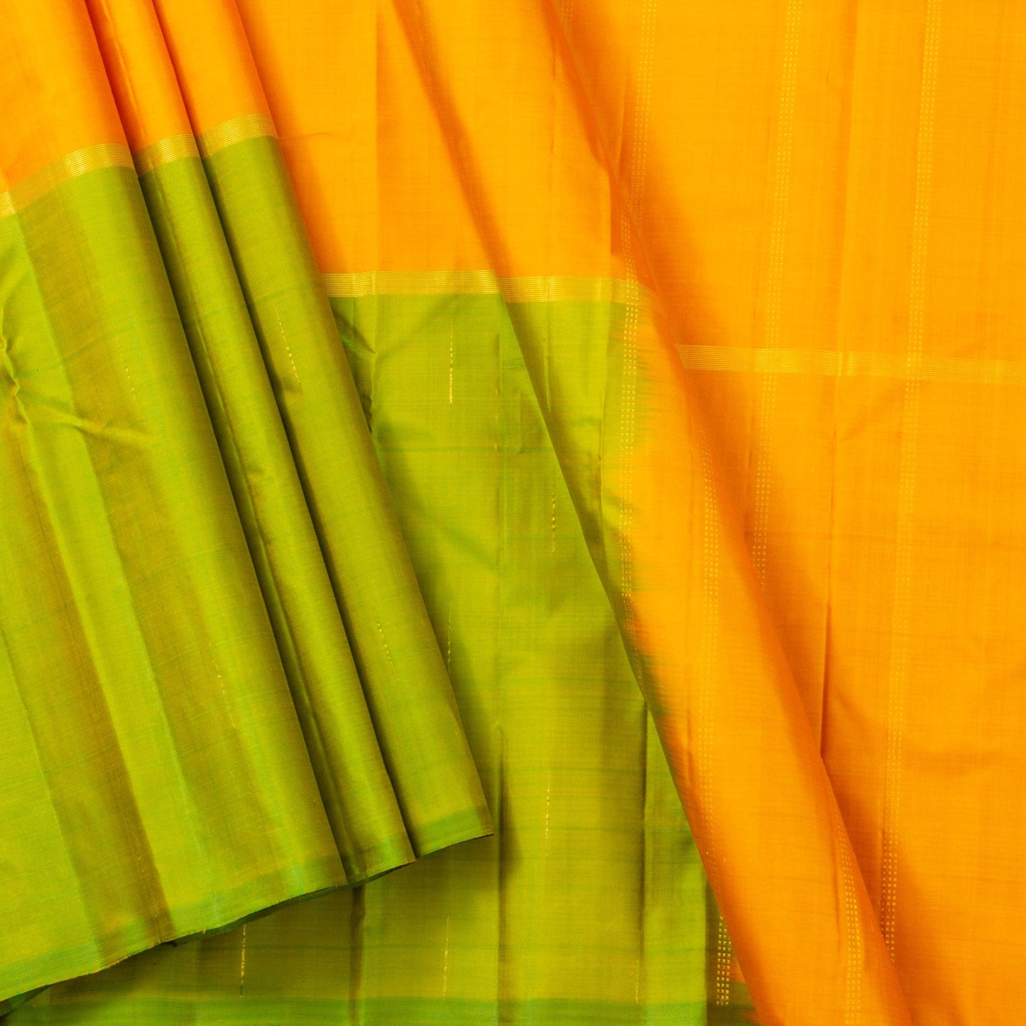 Yellow, Peach And Green Mubbagam Kanchipuram Silk Saree For Festive Wear PV 2044 - Silk Sari - Panjavarnam PV 2044