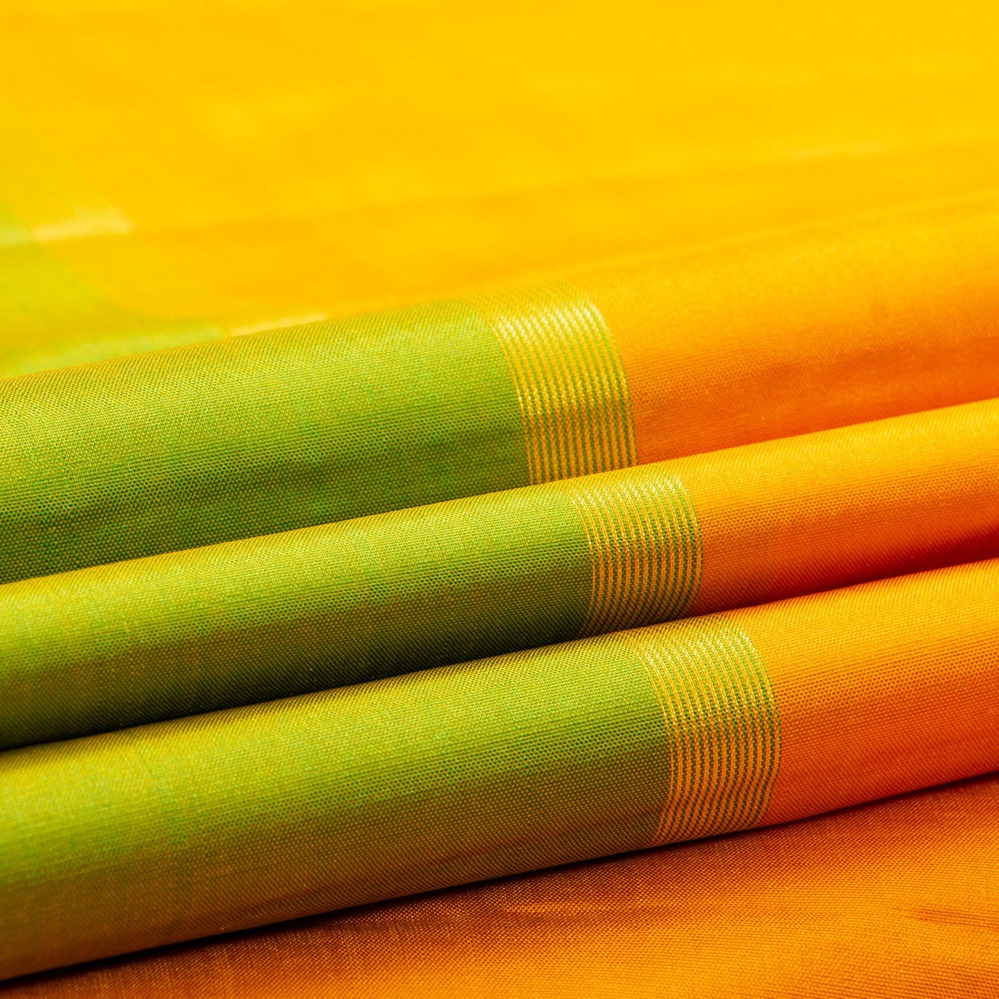 Yellow, Peach And Green Mubbagam Kanchipuram Silk Saree For Festive Wear PV 2044 - Silk Sari - Panjavarnam PV 2044