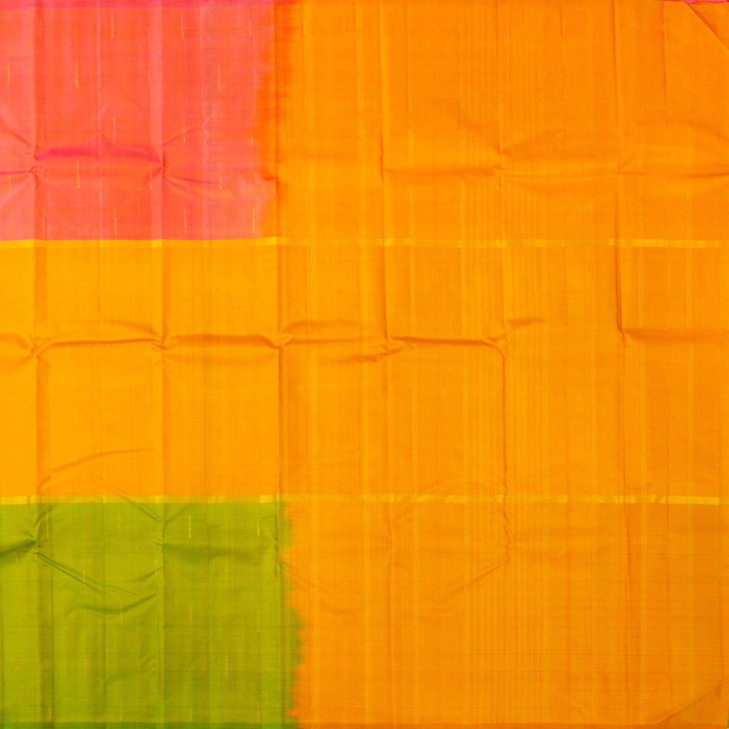 Yellow, Peach And Green Mubbagam Kanchipuram Silk Saree For Festive Wear PV 2044 - Silk Sari - Panjavarnam PV 2044
