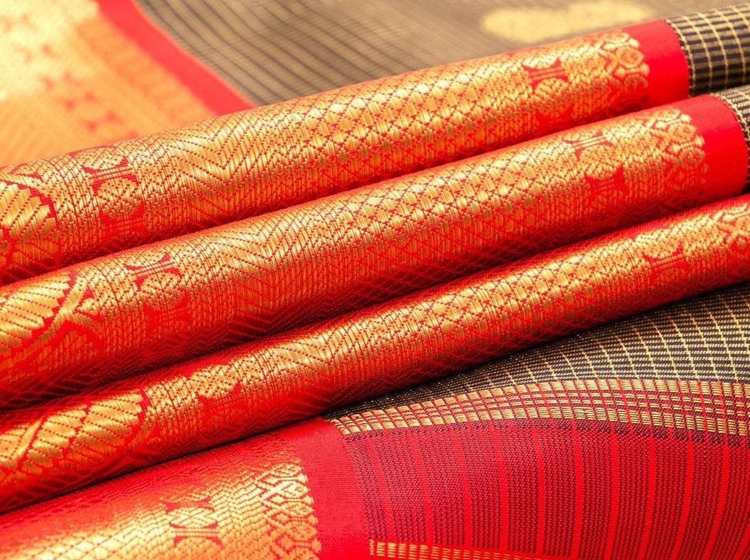 Black And Red Kanchipuram Silk Saree Handwoven Pure Silk Pure Zari For Baby Shower PV NYC 392 - Silk Sari - Panjavarnam PV NYC 392