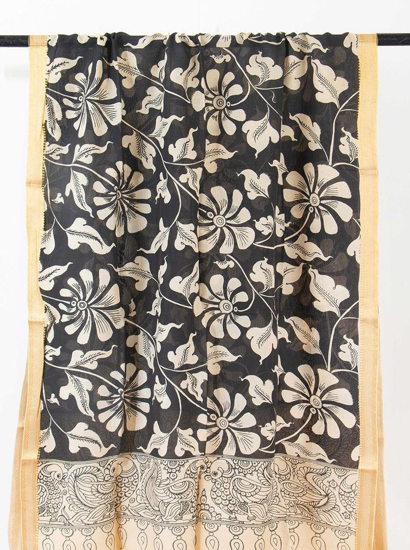 Black Floral Handpainted Kalamkari Mangalgiri Dupatta With Gold Zari Border PVD 1036 - Dupattas - Panjavarnam