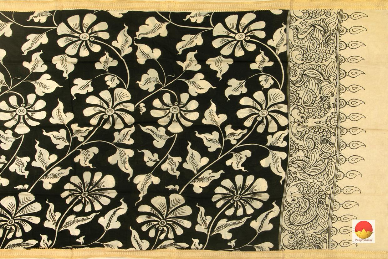 Black Floral Handpainted Kalamkari Mangalgiri Dupatta With Gold Zari Border PVD 1036 - Dupattas - Panjavarnam