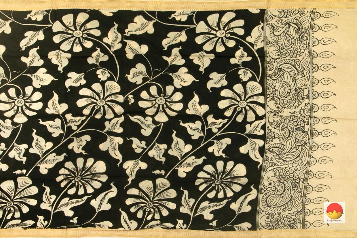 Black Floral Handpainted Kalamkari Mangalgiri Dupatta With Gold Zari Border PVD 1036 - Dupattas - Panjavarnam PVD 1036