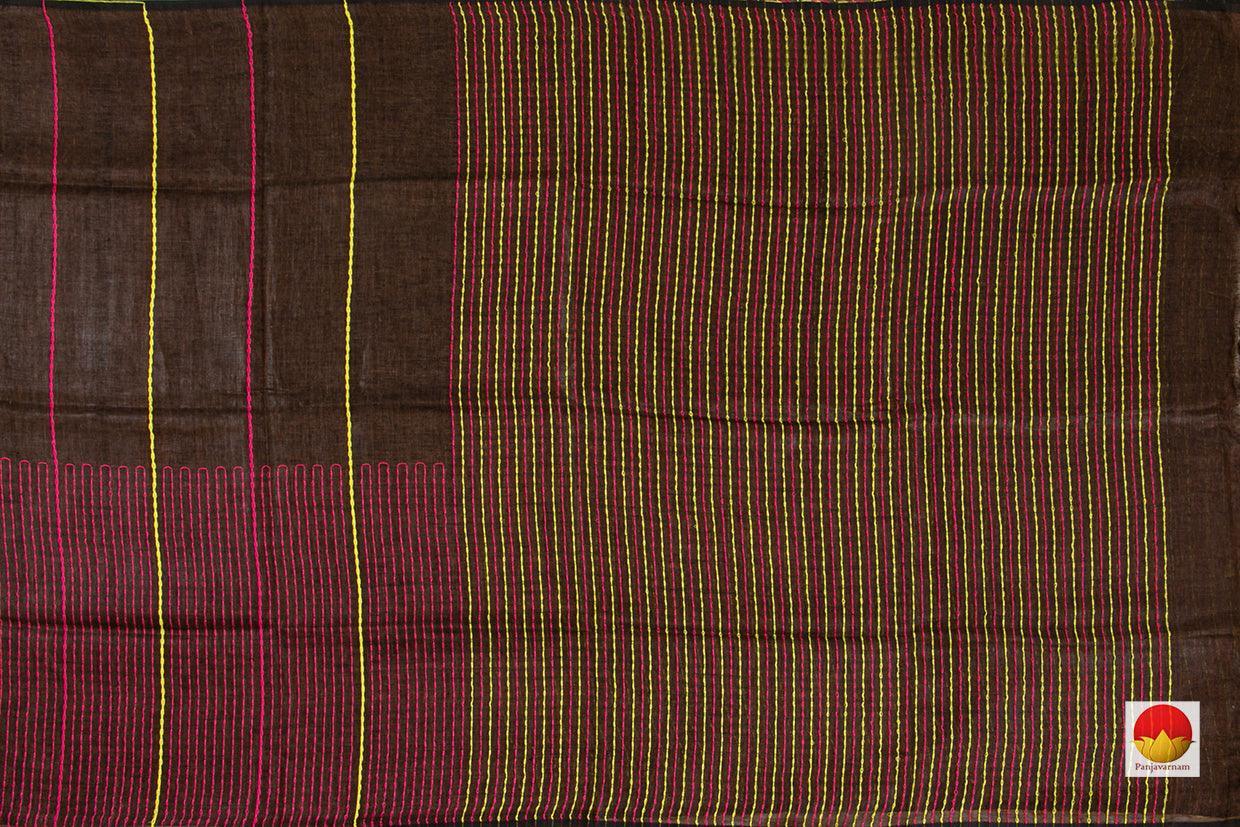 Black Pure Linen Saree With Embroidery For Office Wear PL 1074 - Linen Sari - Panjavarnam PL 1074