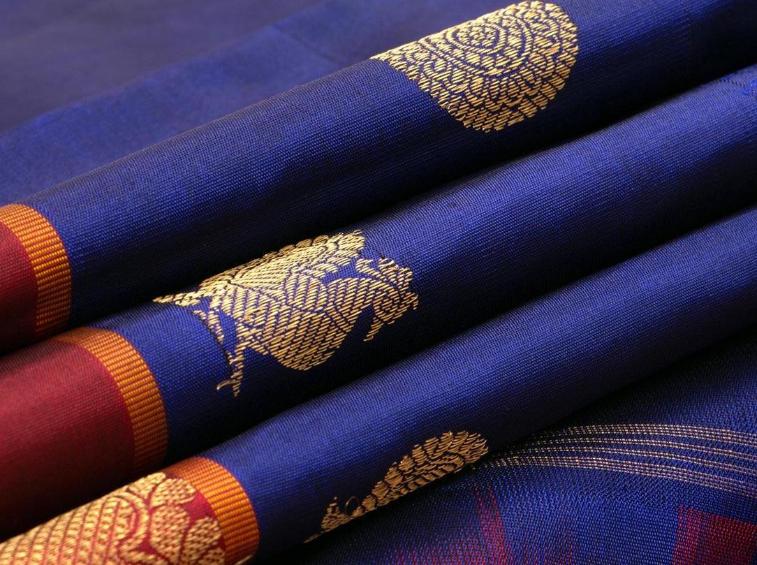 Blue And Maroon Kanchipuram Silk Saree Handwoven Pure Silk Pure Zari For Wedding Wear PV G 4293 - Silk Sari - Panjavarnam PV G 4293