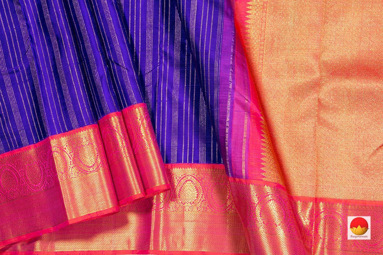 Blue And Pink Kanchipuram Silk Saree With Vertical Zari Stripes Handwoven Pure Silk Pure Zari For Festive Wear PV NYC 265 - Silk Sari - Panjavarnam PV NYC 265