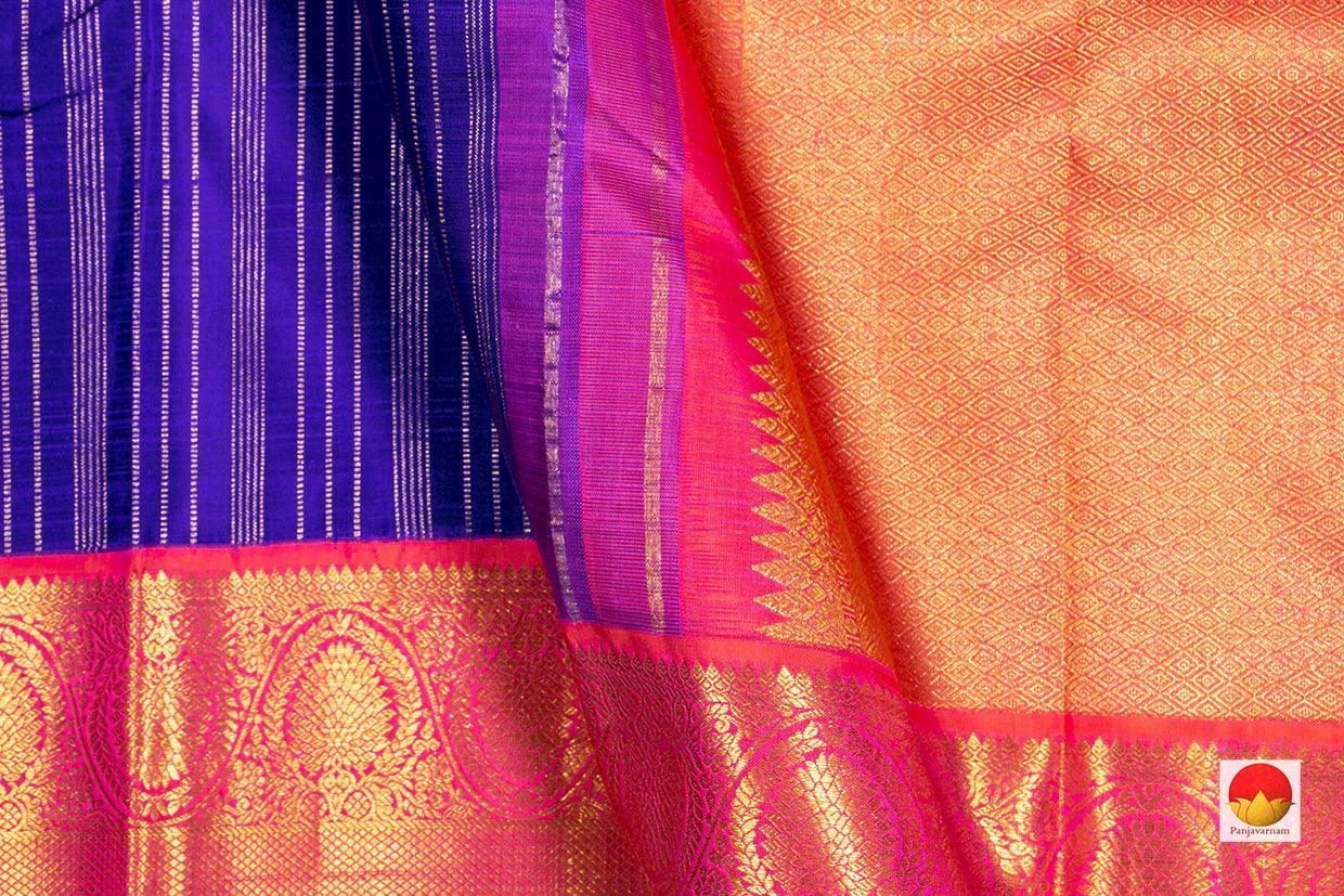 Blue And Pink Kanchipuram Silk Saree With Vertical Zari Stripes Handwoven Pure Silk Pure Zari For Festive Wear PV NYC 265 - Silk Sari - Panjavarnam PV NYC 265