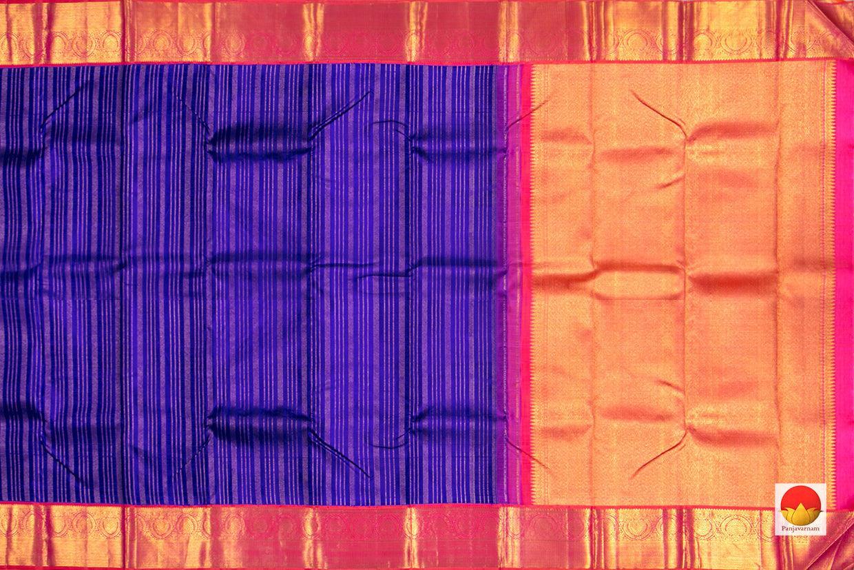 Blue And Pink Kanchipuram Silk Saree With Vertical Zari Stripes Handwoven Pure Silk Pure Zari For Festive Wear PV NYC 265 - Silk Sari - Panjavarnam PV NYC 265