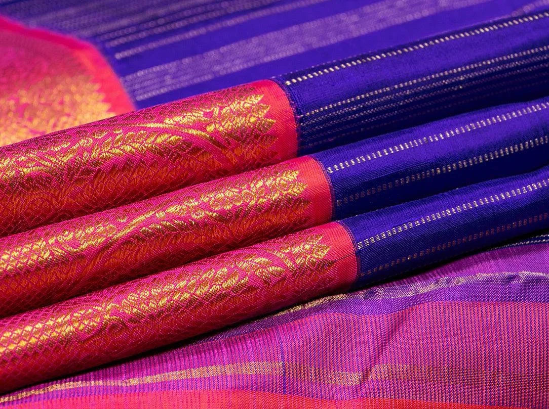 Blue And Pink Kanchipuram Silk Saree With Vertical Zari Stripes Handwoven Pure Silk Pure Zari For Festive Wear PV NYC 265 - Silk Sari - Panjavarnam PV NYC 265