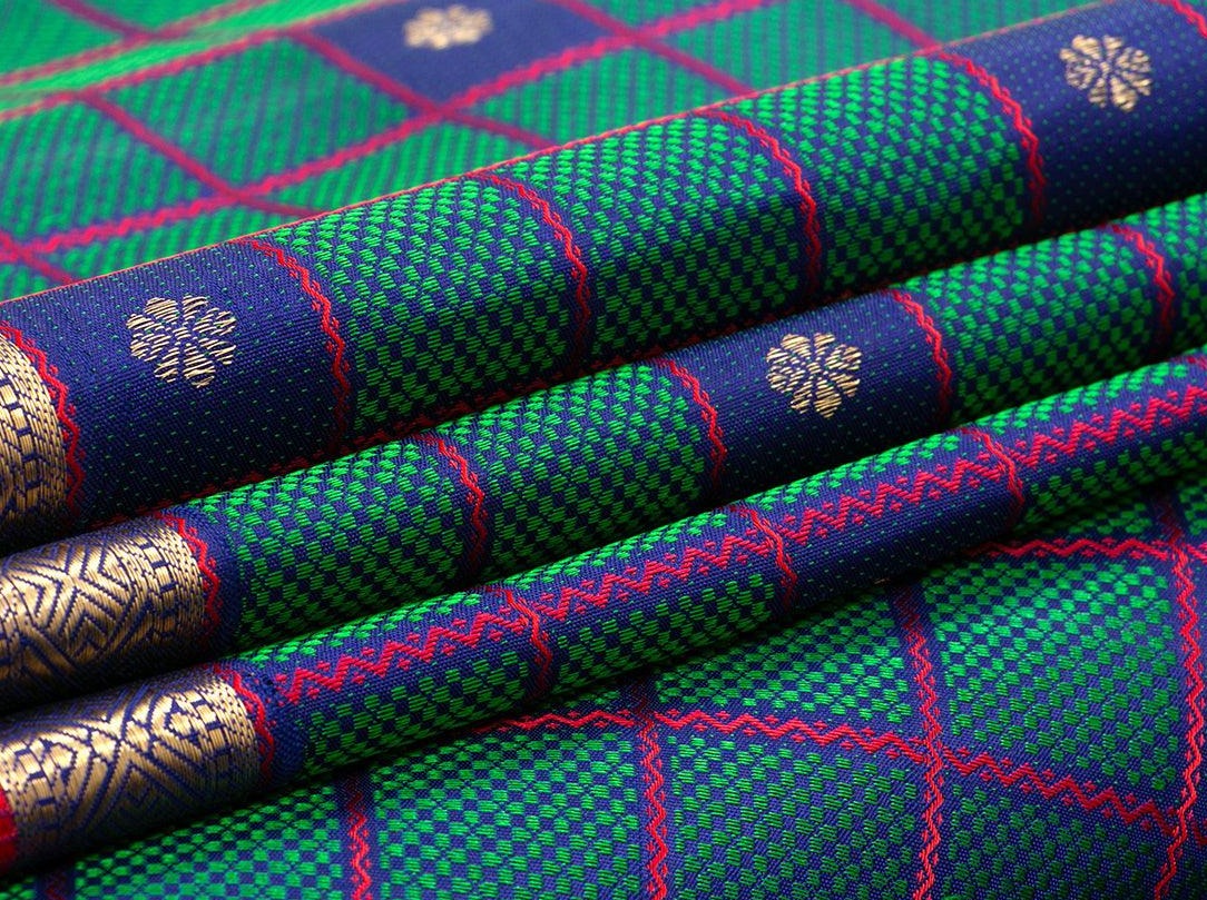Blue Jacquard Kanchipuram Silk Saree Handwoven Pure Silk Pure Zari For Festive Wear PV 2019 - Silk Sari - Panjavarnam