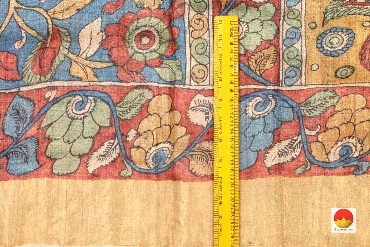 Blue Kalamkari Tussar Silk Saree Handpainted Organic Dyes PKM 361 - Kalamkari Silk - Panjavarnam