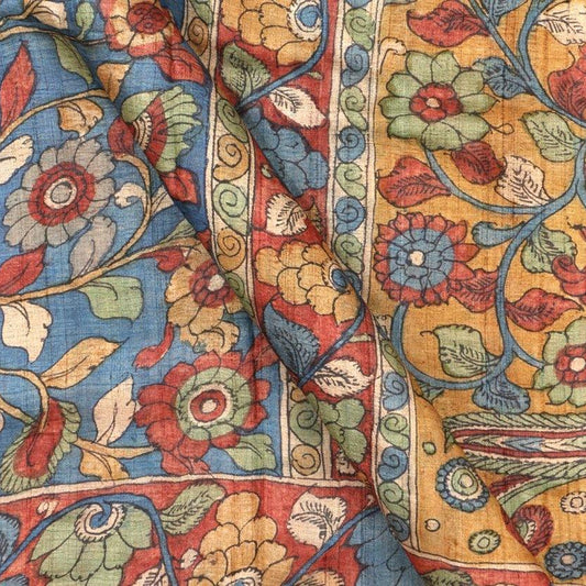 Blue Kalamkari Tussar Silk Saree Handpainted Organic Dyes PKM 361 - Kalamkari Silk - Panjavarnam