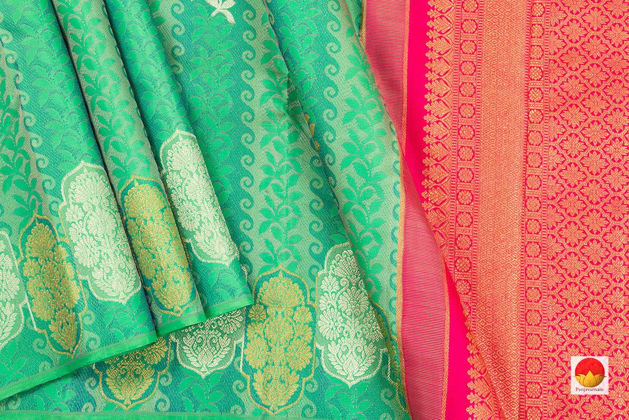 Green And Pink Kanchipuram Silk Saree With Silver Zari Handwoven Pure Silk Pure Zari For Wedding Wear PV NYC 223 - Silk Sari - Panjavarnam PV NYC 223